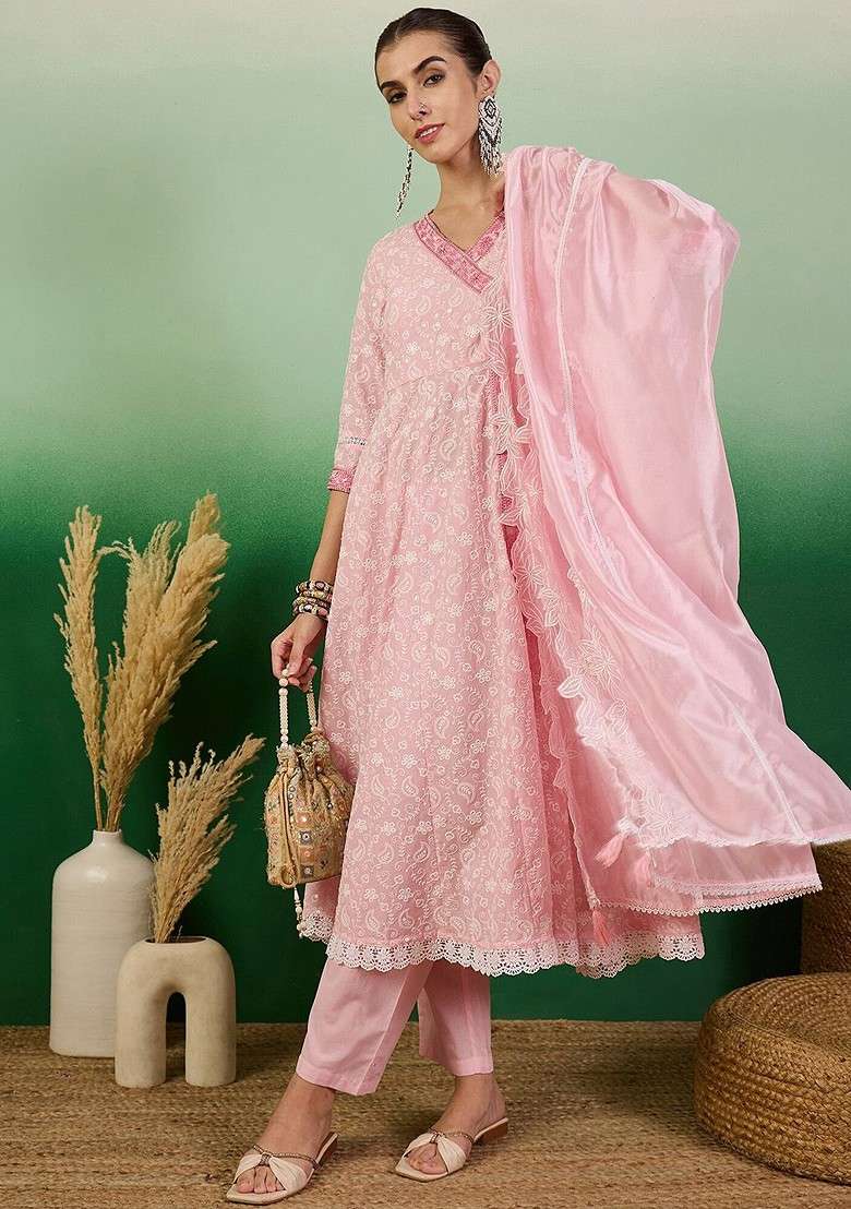 Pink Embroidered Blended Kurta Set - Indya