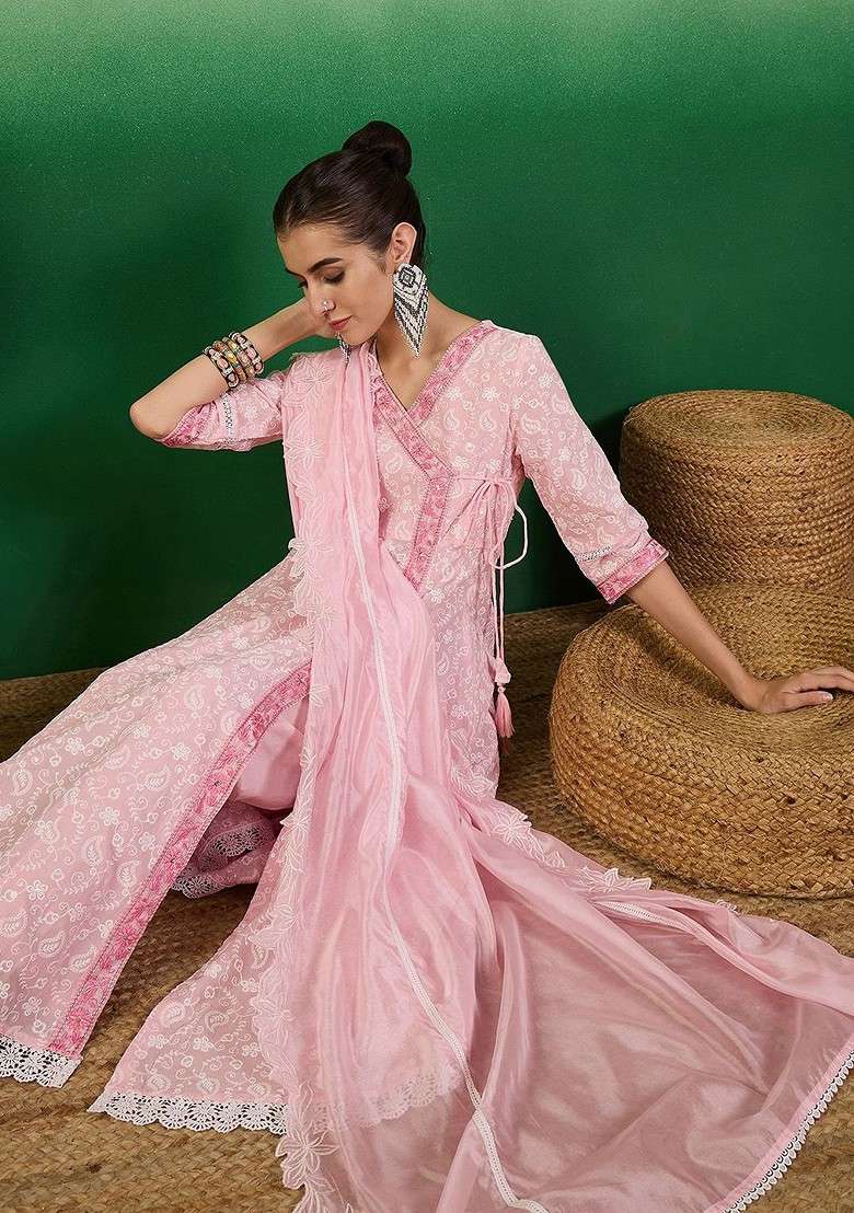 Pink Embroidered Blended Kurta Set - Indya