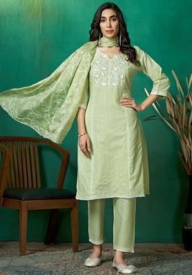 Green Embroidered Blended Kurta Set