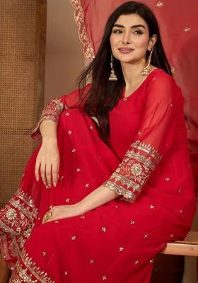 Red Sequence Work Blended Kurta Set