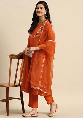 Rust Embroidered Blended Kurta Set