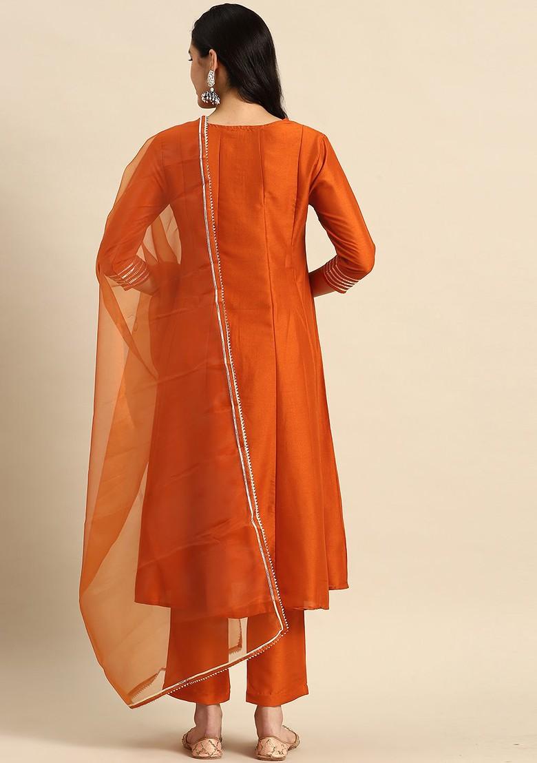 Rust Embroidered Blended Kurta Set - Indya