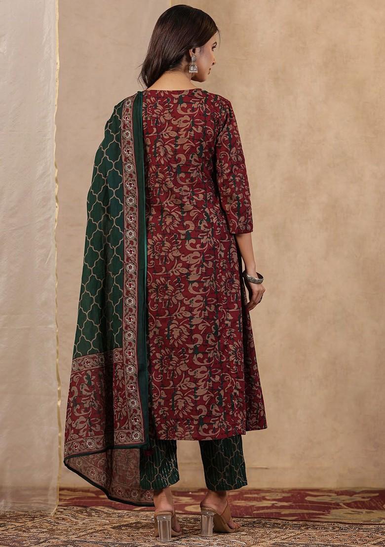 Maroon Printed Blended Kurta Set - Indya
