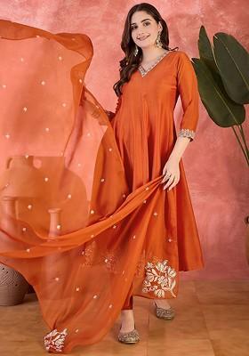 Orange Embroidered Blended Kurta Set
