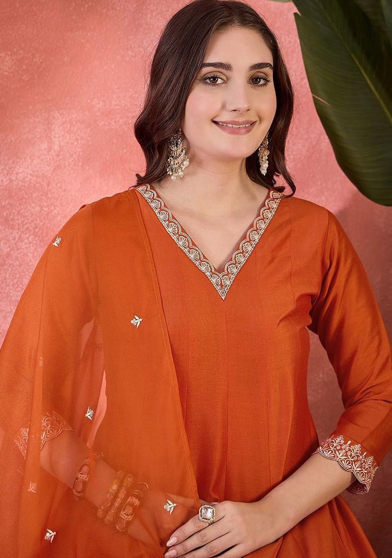 Orange Embroidered Blended Kurta Set - Indya