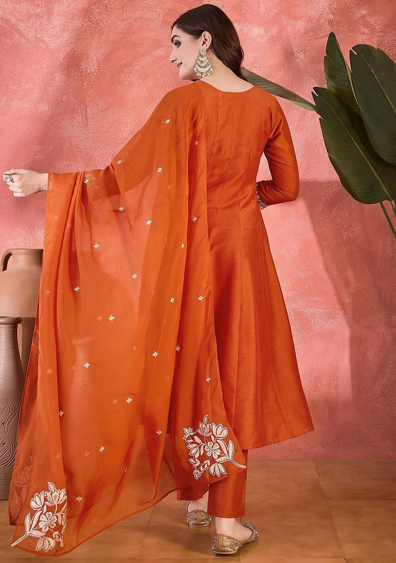 Orange Embroidered Blended Kurta Set - Indya