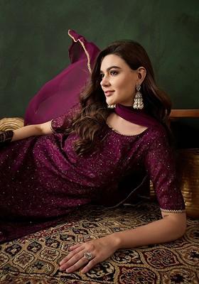 Purple Printed Blended Kurta Set