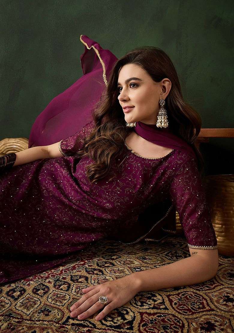 Purple Printed Blended Kurta Set - Indya