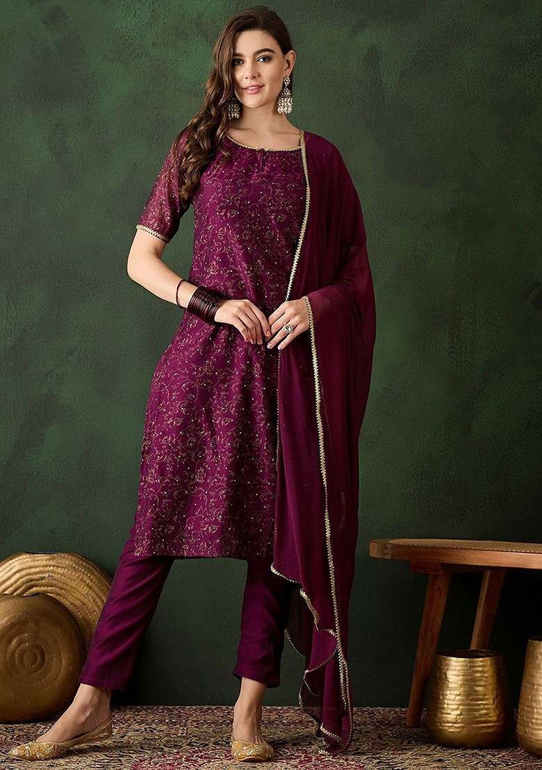 Purple Printed Blended Kurta Set - Indya