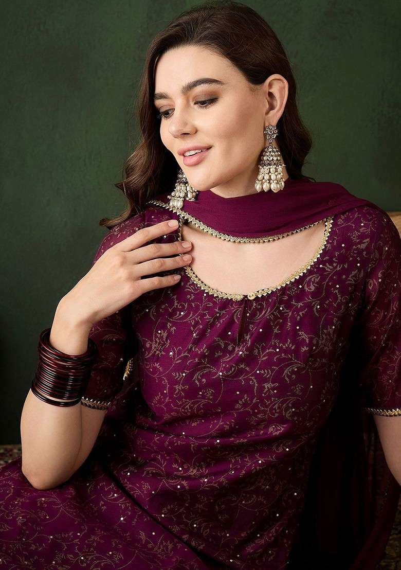 Purple Printed Blended Kurta Set - Indya