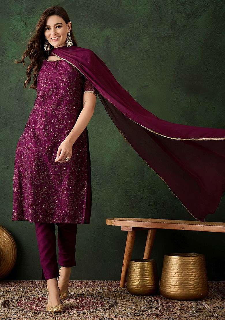 Purple Printed Blended Kurta Set - Indya