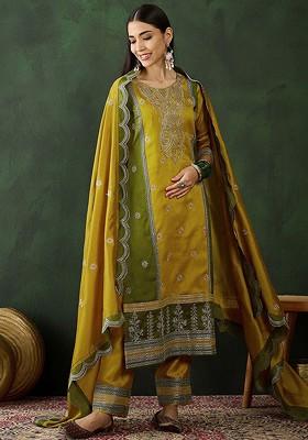 Mustard Embroidered Blended Kurta Set