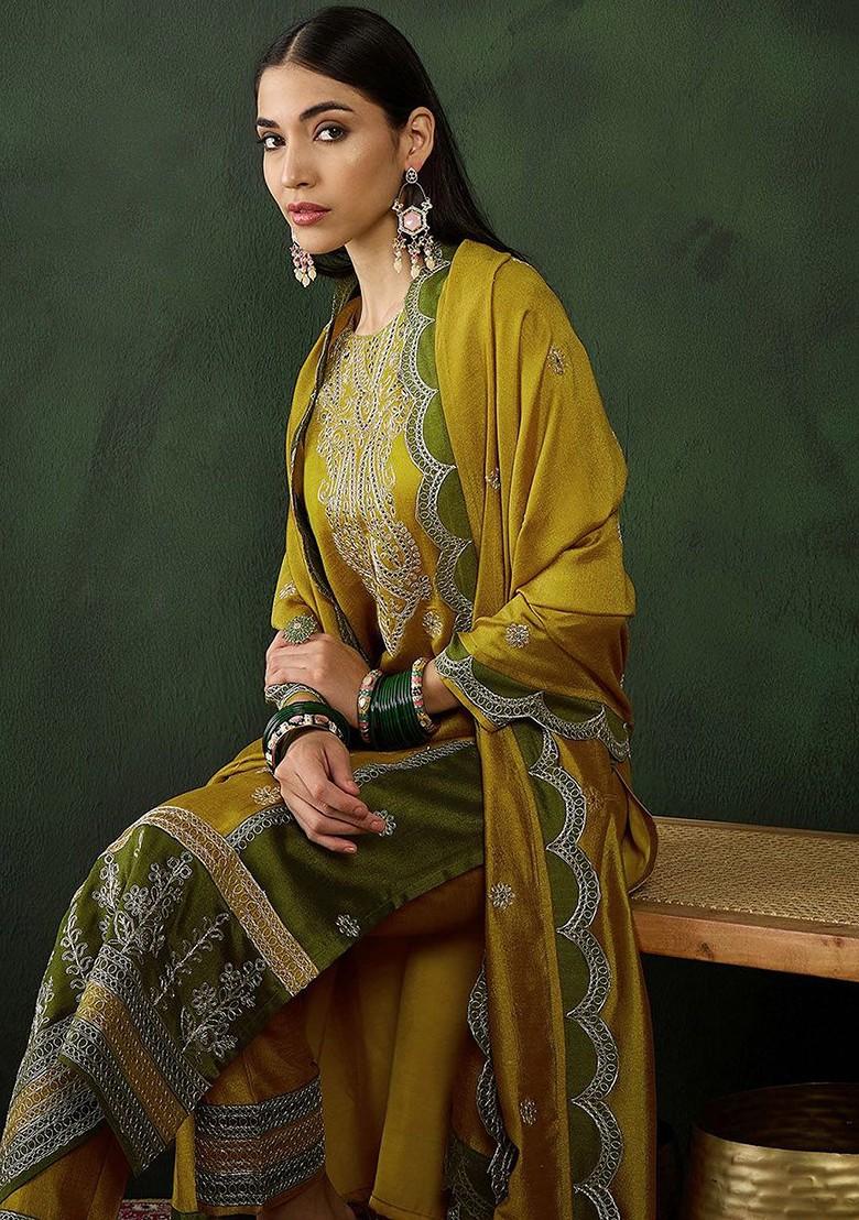 Mustard Embroidered Blended Kurta Set - Indya