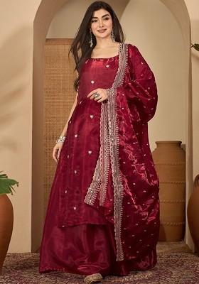 Maroon Embroidered Blended Kurta Set