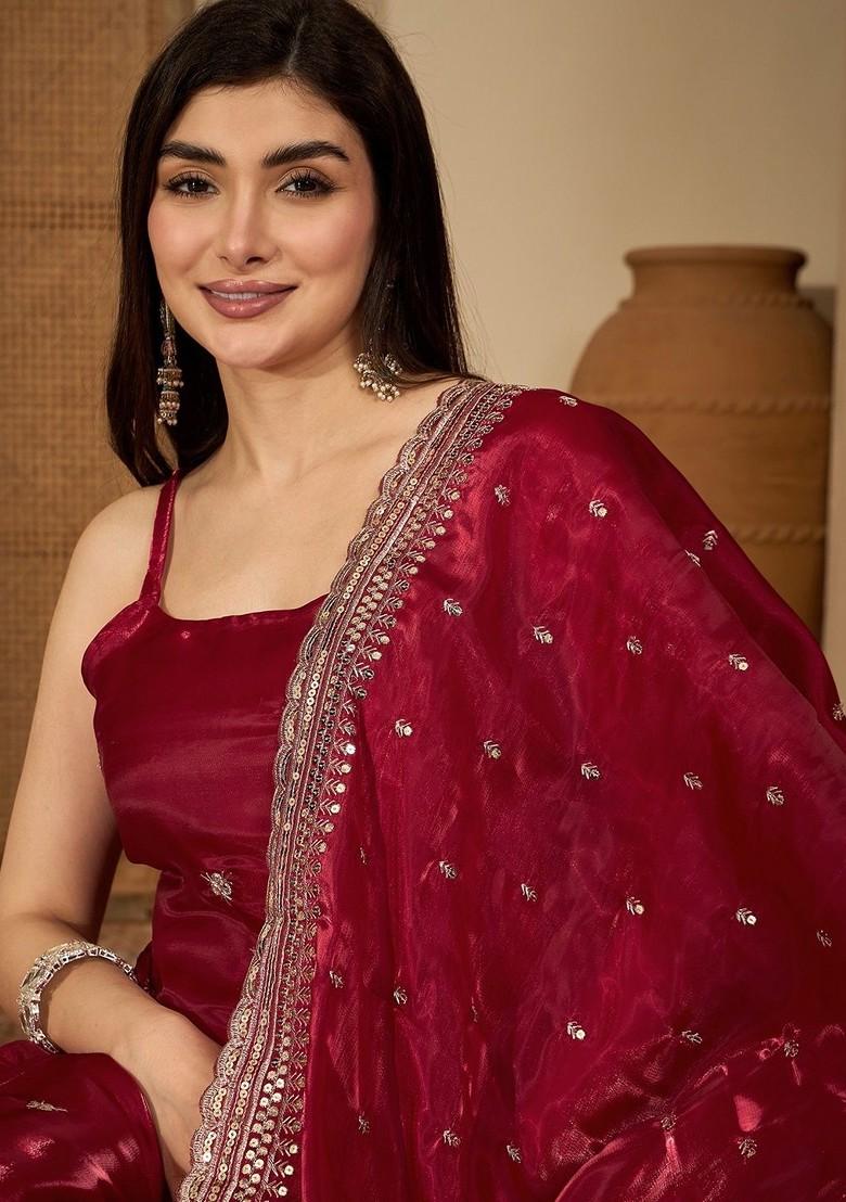 Maroon Embroidered Blended Kurta Set - Indya