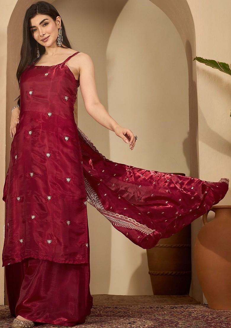 Maroon Embroidered Blended Kurta Set - Indya