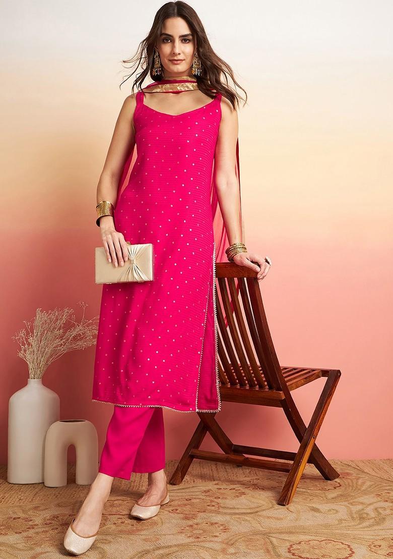 Pink Printed Blended Kurta Set - Indya