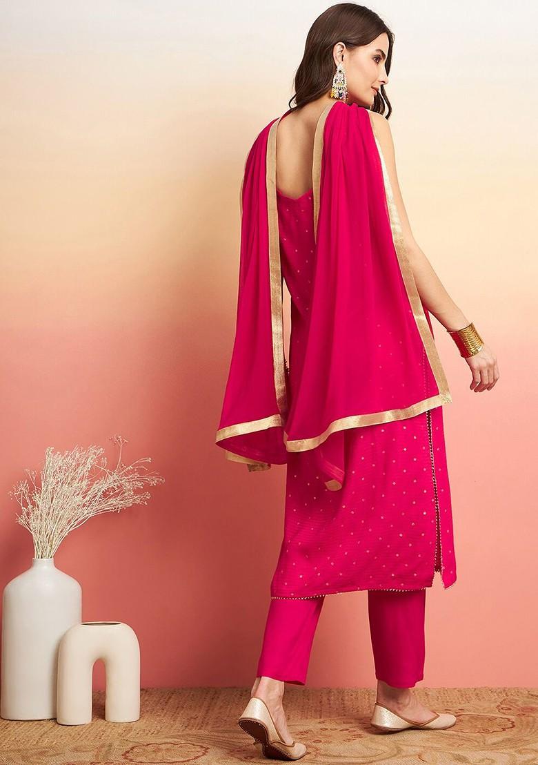 Pink Printed Blended Kurta Set - Indya