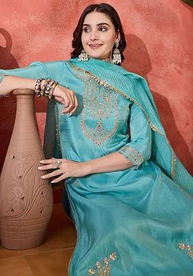 Turquoise Blue Embroidered Blended Kurta Set