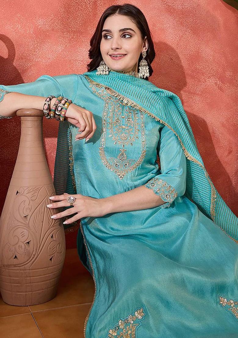 Turquoise Blue Embroidered Blended Kurta Set - Indya