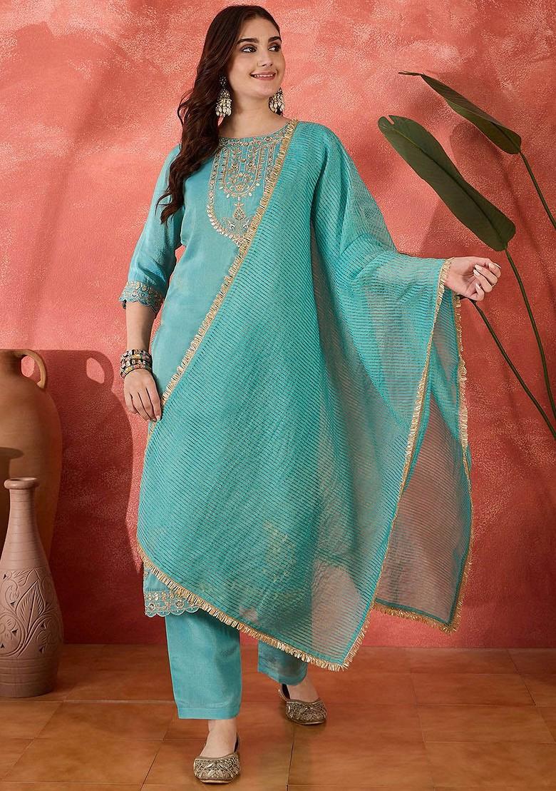 Turquoise Blue Embroidered Blended Kurta Set - Indya