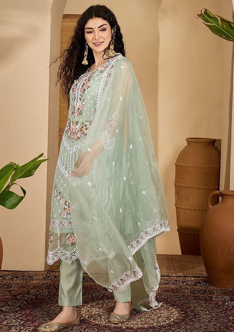 Green Printed Blended Kurta Set - Indya