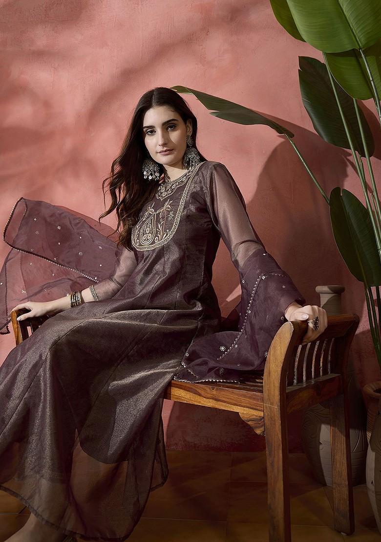 Maroon Embroidered Blended Kurta Set - Indya