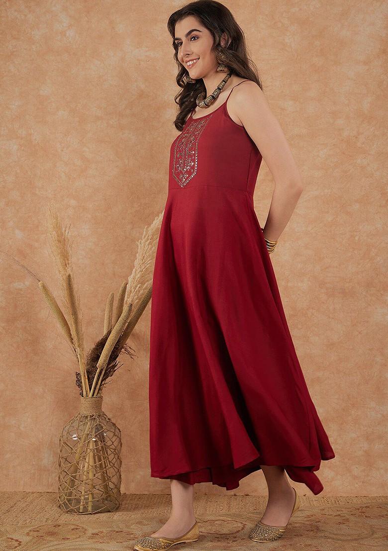 Maroon Yoke Design Blended Kurta Set - Indya