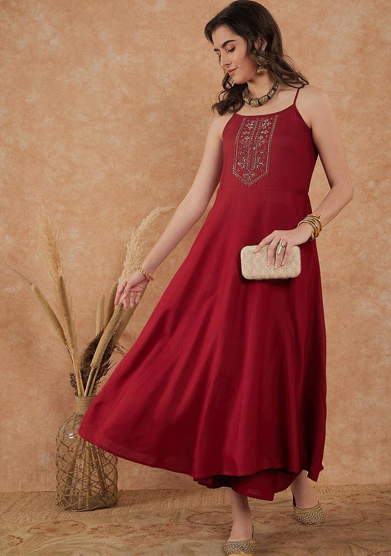 Maroon Yoke Design Blended Kurta Set - Indya
