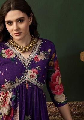 Purple Embroidered Blended Kurta Set