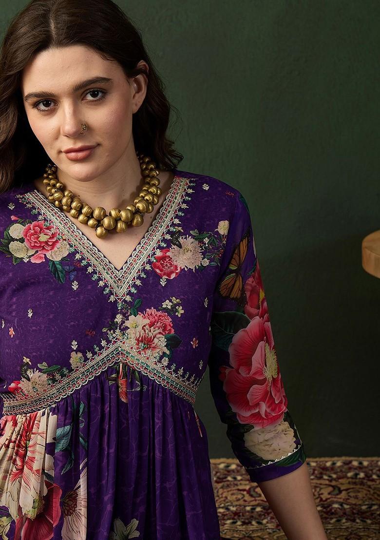 Purple Embroidered Blended Kurta Set - Indya