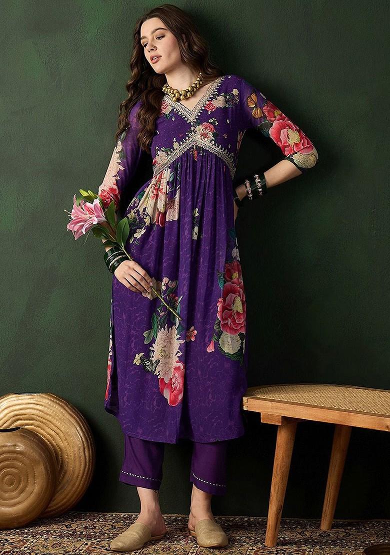 Purple Embroidered Blended Kurta Set - Indya