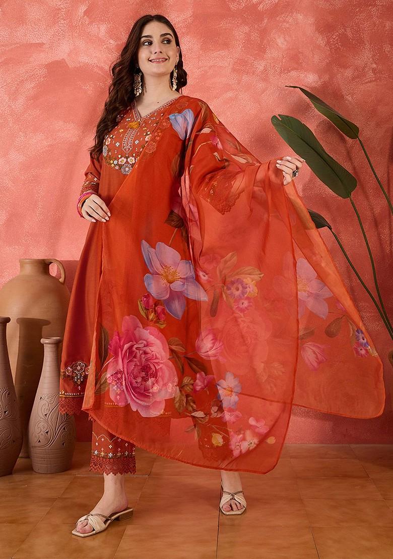 Orange Embroidered Blended Kurta Set - Indya