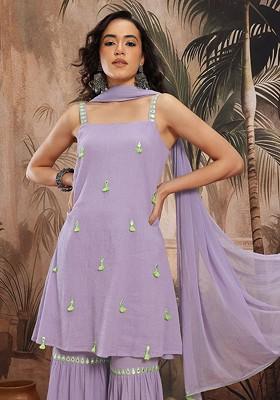 Lavender Embroidered Blended Kurta Set