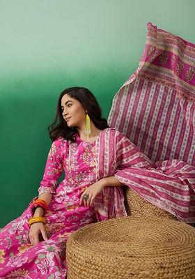 Pink Printed Blended Kurta Set