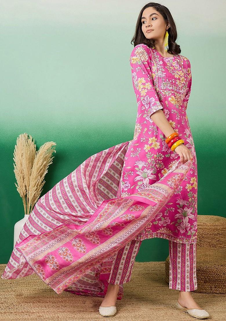 Pink Printed Blended Kurta Set - Indya