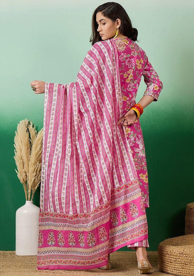 Pink Printed Blended Kurta Set - Indya