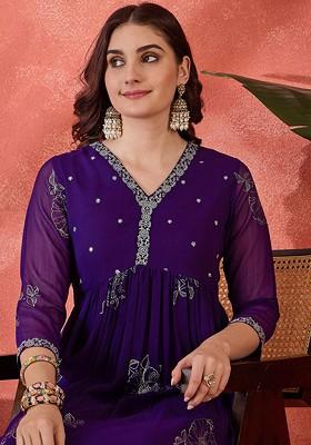 Purple Embroidered Blended Kurta Set