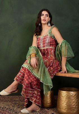 Red Printed Blended Kurta Set