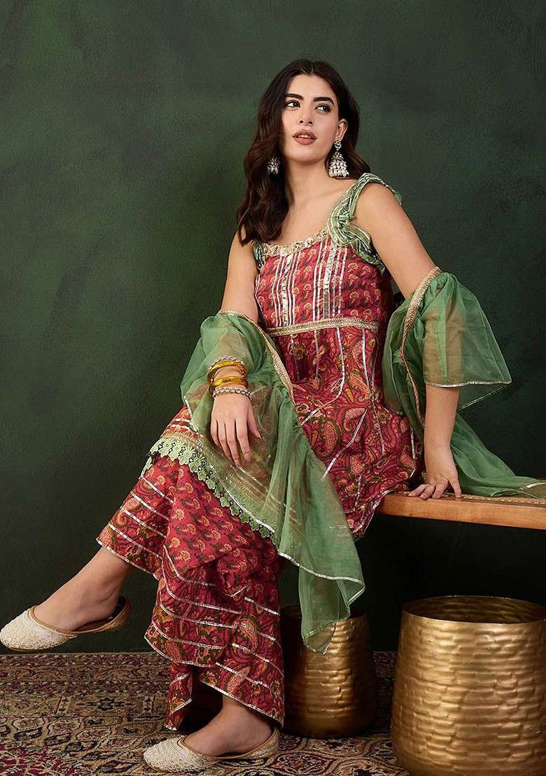 Red Printed Blended Kurta Set - Indya
