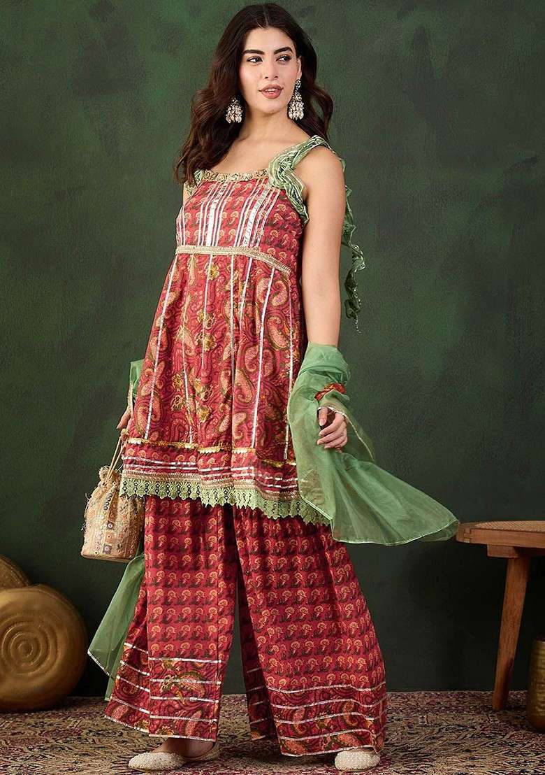 Red Printed Blended Kurta Set - Indya