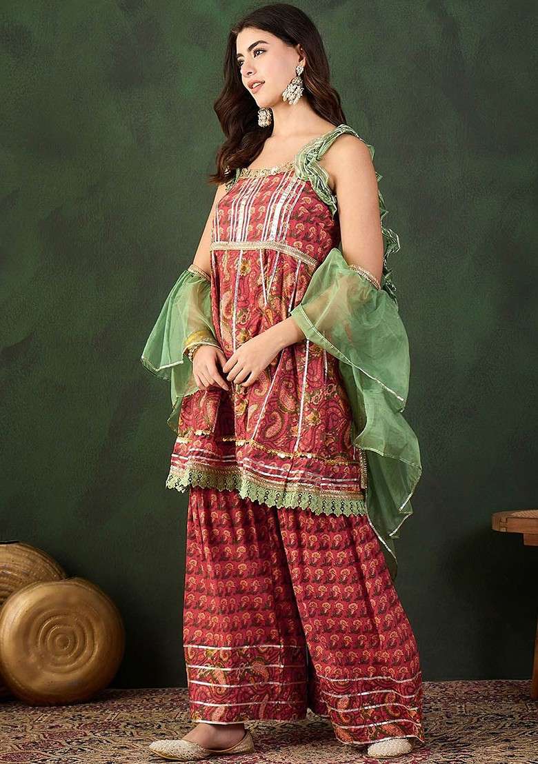 Red Printed Blended Kurta Set - Indya