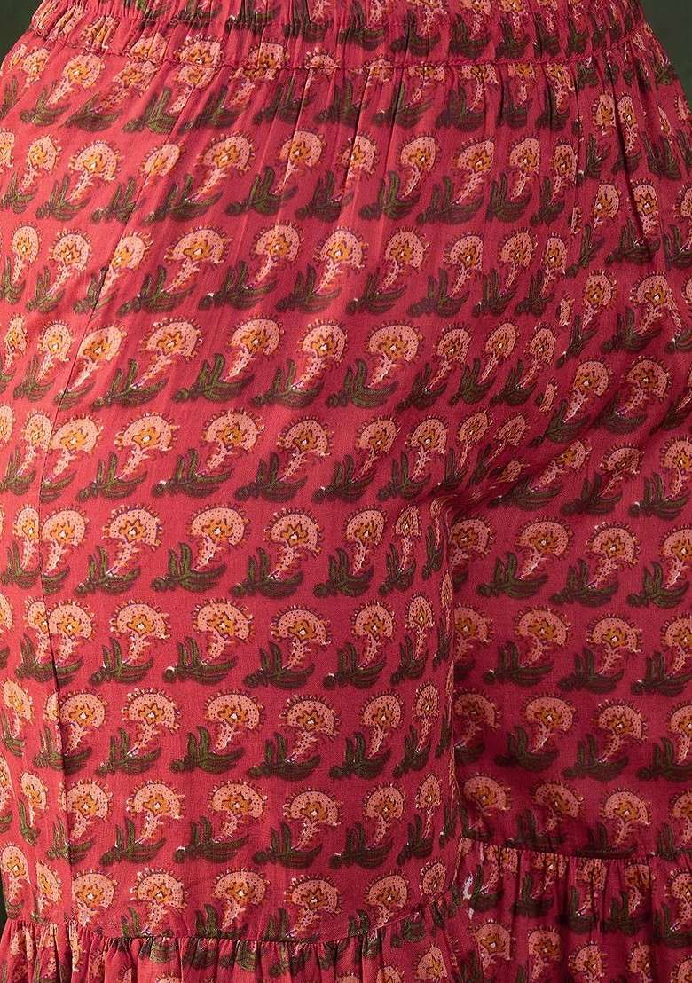 Red Printed Blended Kurta Set - Indya