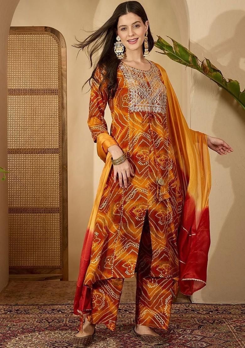 Mustard Printed Blended Kurta Set - Indya