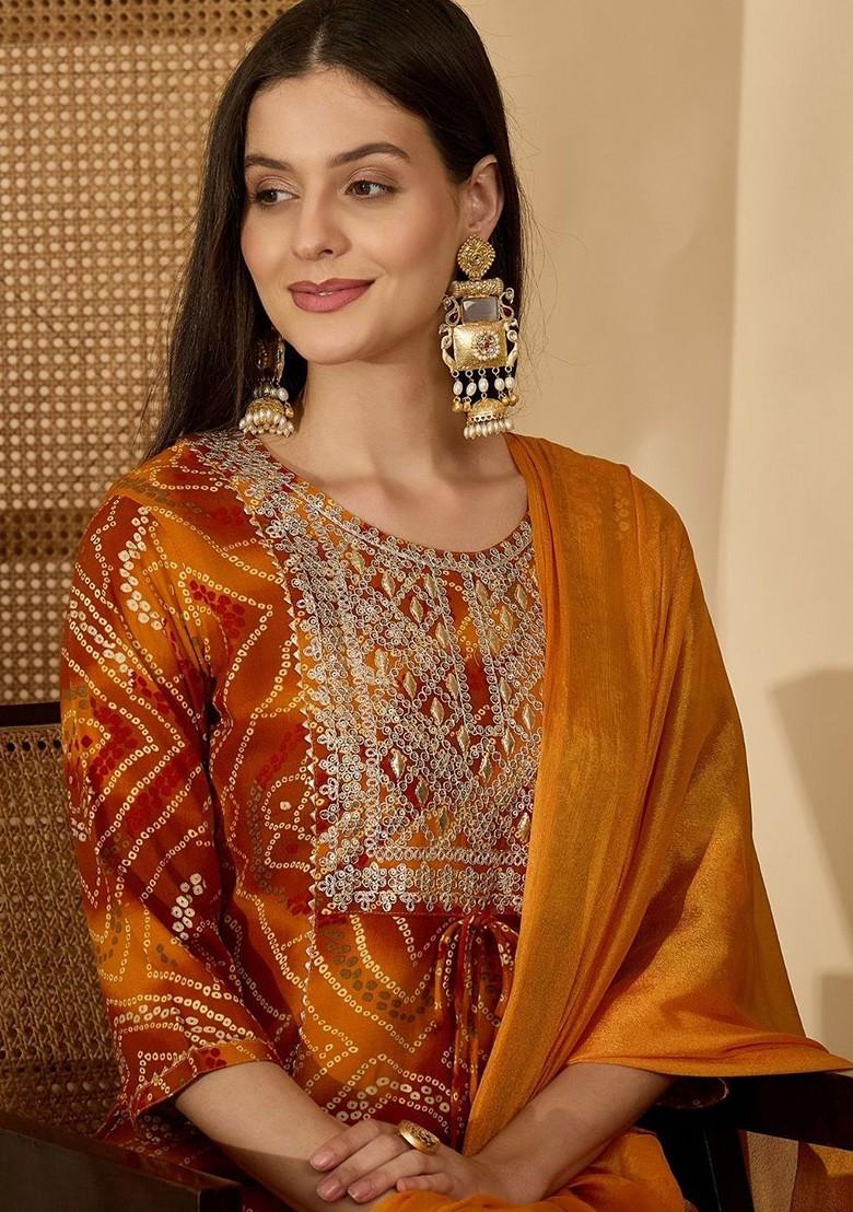 Mustard Printed Blended Kurta Set - Indya