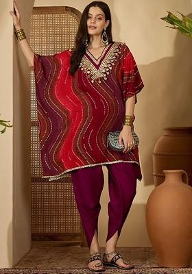 Red Printed Blended Kurta Set