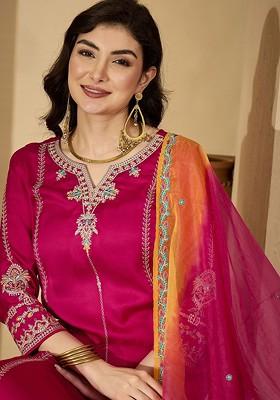 Pink Embroidered Blended Kurta Set