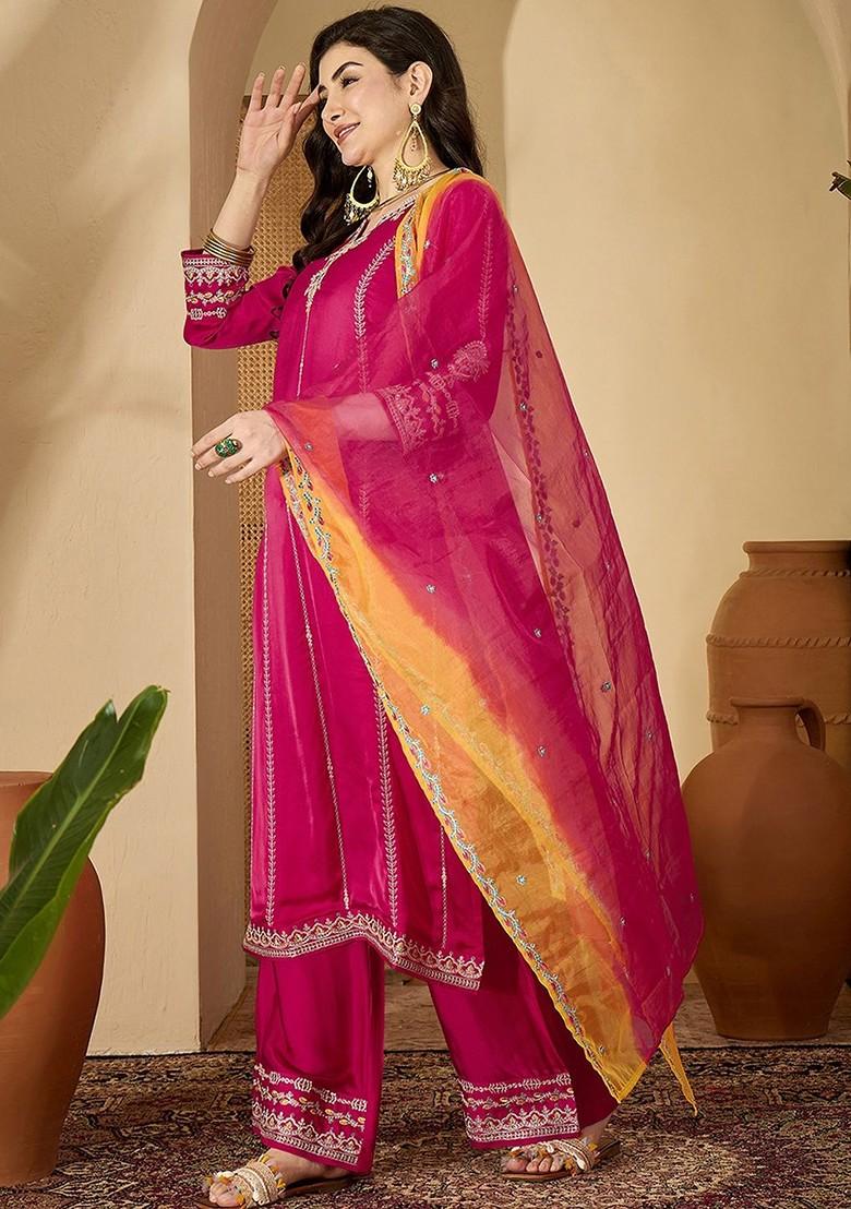 Pink Embroidered Blended Kurta Set - Indya
