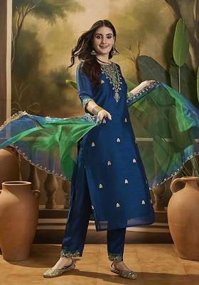 Navy Blue Embroidered Blended Kurta Set