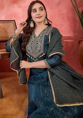 Teal Sequinned Blended Kurta Set